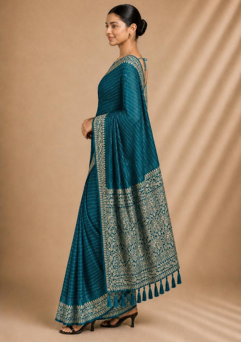 Teal Zari Work Chiffon Saree Set - Indya