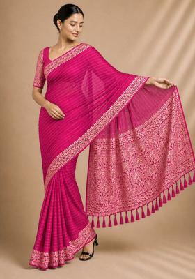 Pink Zari Work Chiffon Saree Set