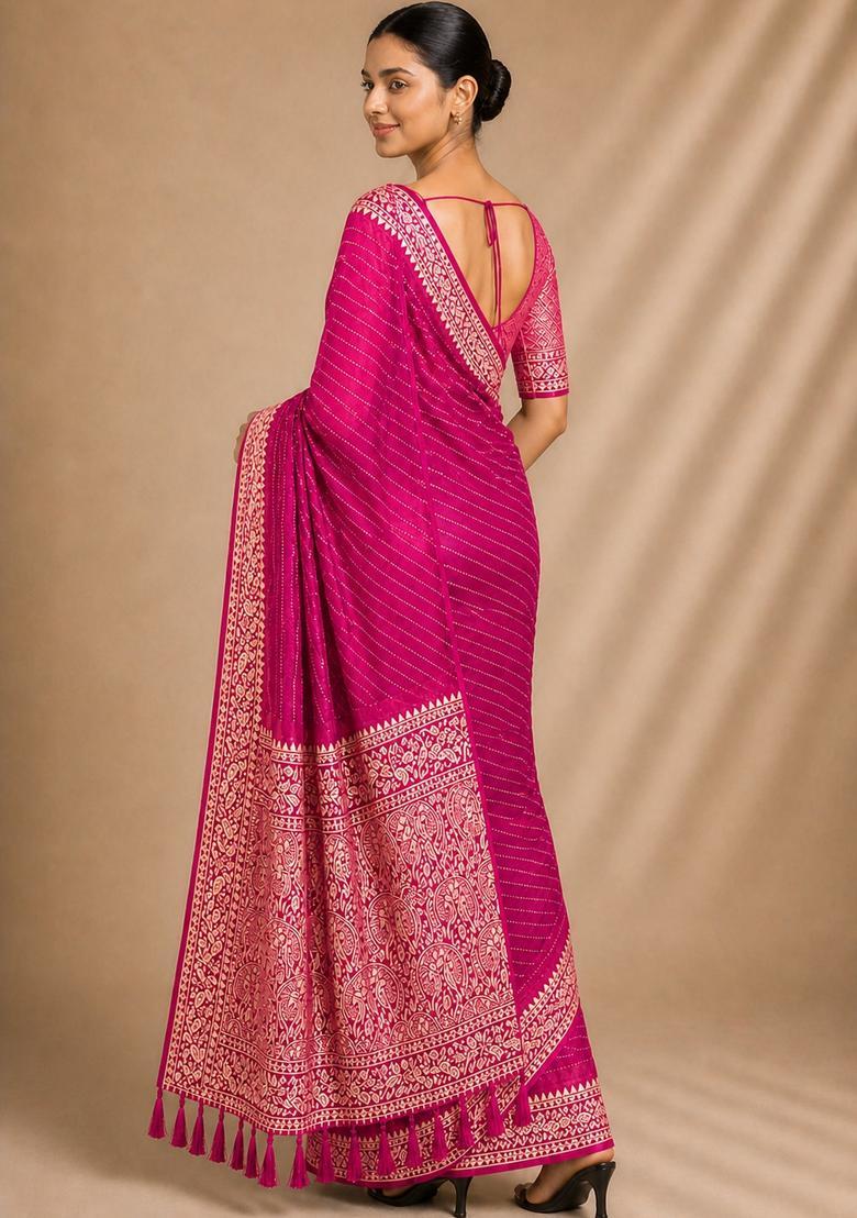 Pink Zari Work Chiffon Saree Set - Indya