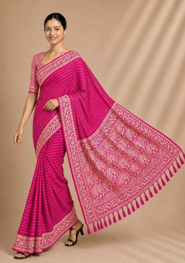 Pink Zari Work Chiffon Saree Set - Indya