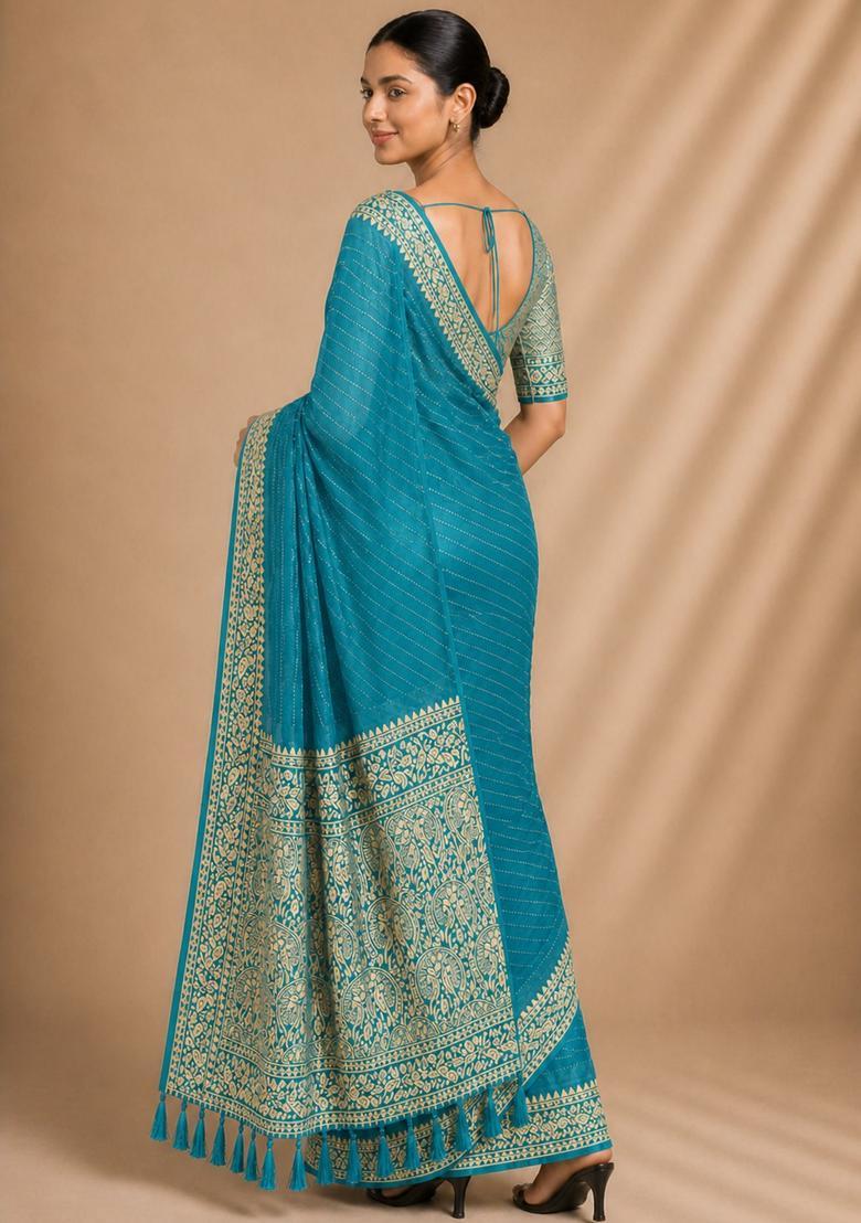 Blue Zari Work Chiffon Saree Set - Indya