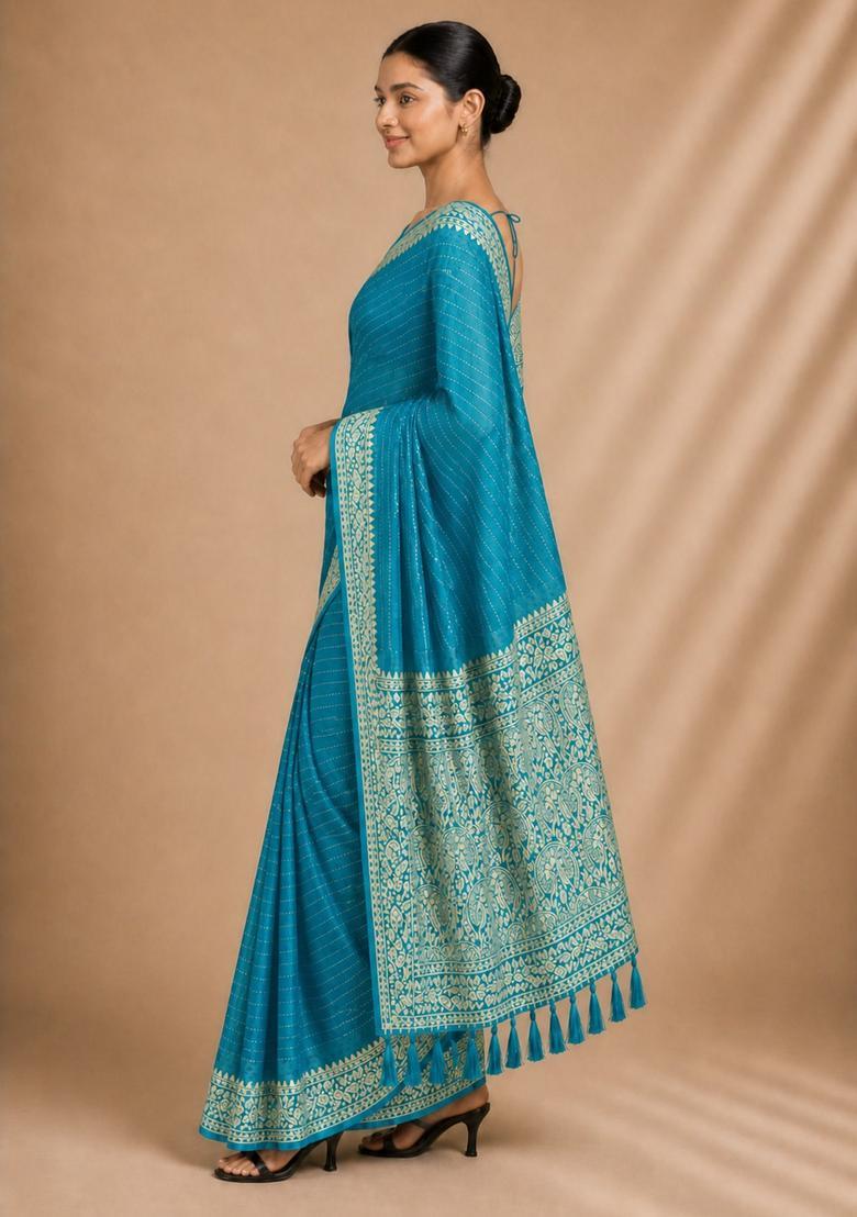 Blue Zari Work Chiffon Saree Set - Indya