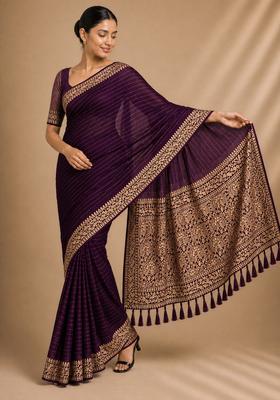 Wine Zari Work Chiffon Saree Set