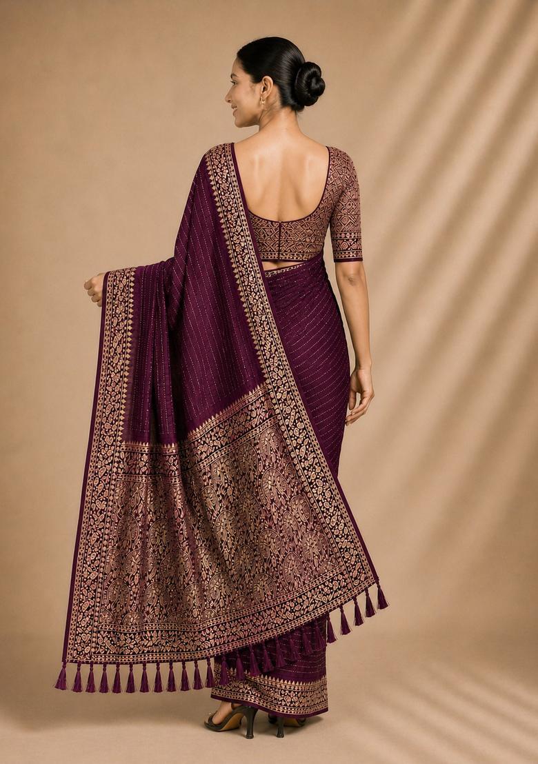 Wine Zari Work Chiffon Saree Set - Indya
