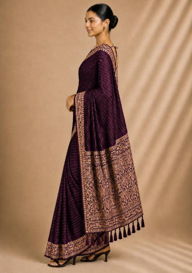 Wine Zari Work Chiffon Saree Set - Indya