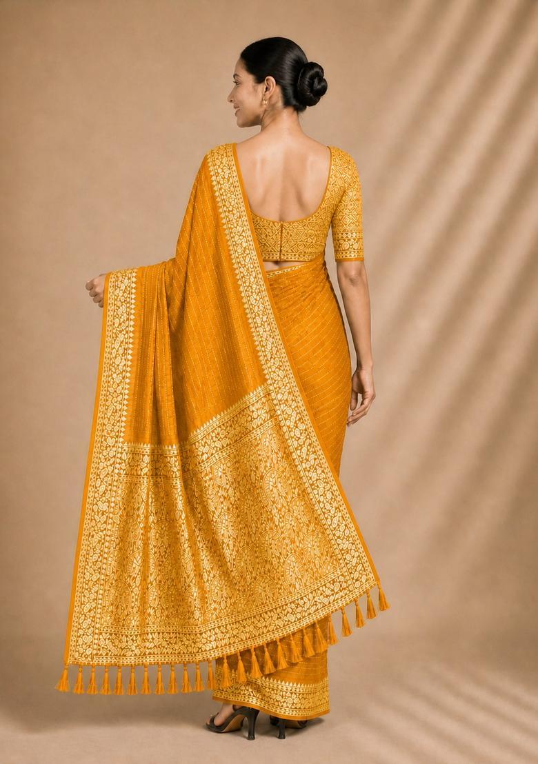 Yellow Zari Work Chiffon Saree Set - Indya