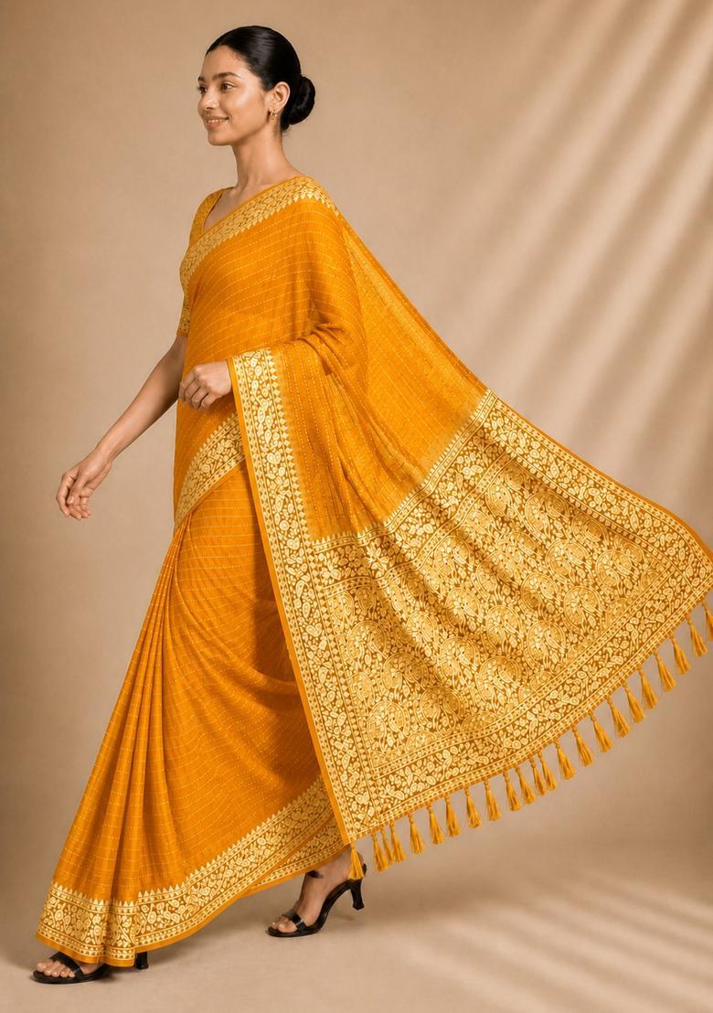 Yellow Zari Work Chiffon Saree Set - Indya