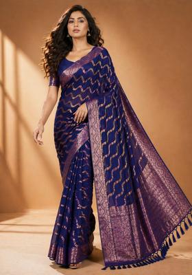 Blue Zari Work Chiffon Saree Set