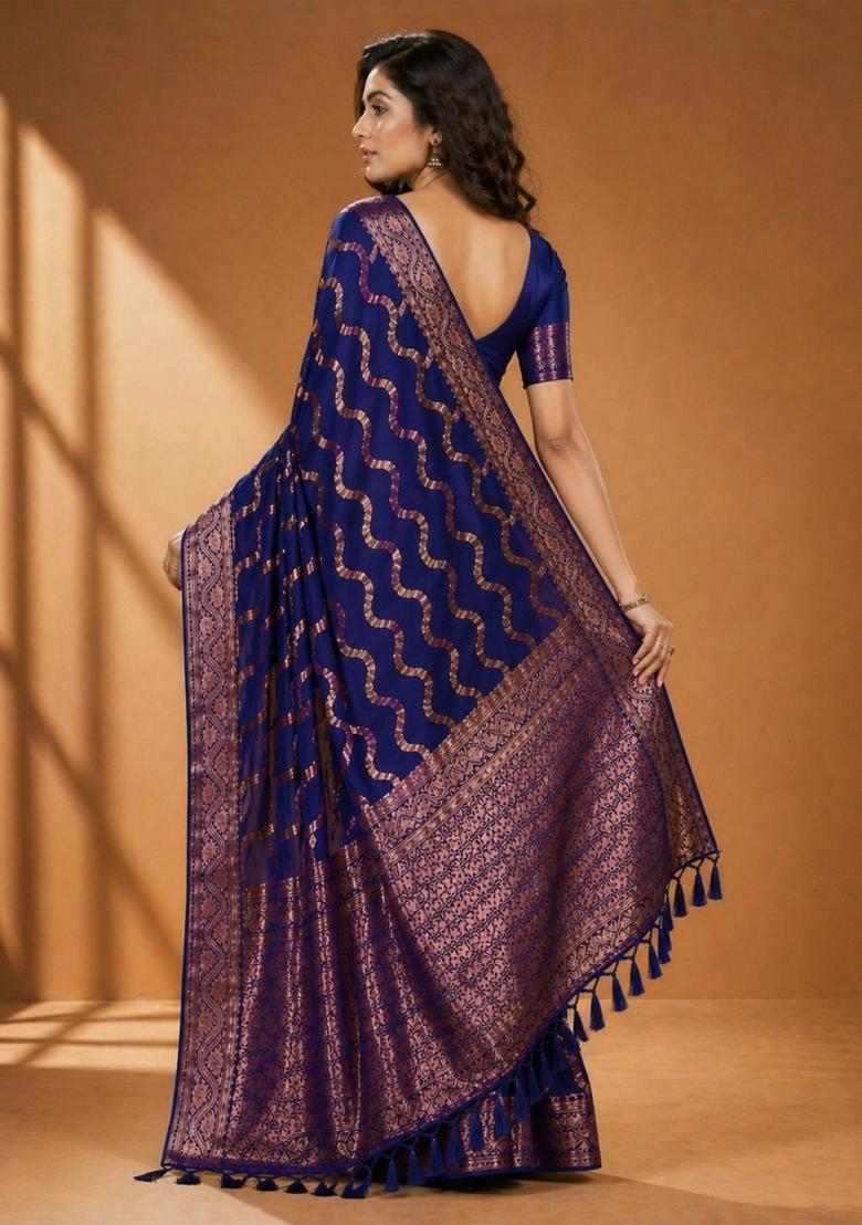 Blue Zari Work Chiffon Saree Set - Indya
