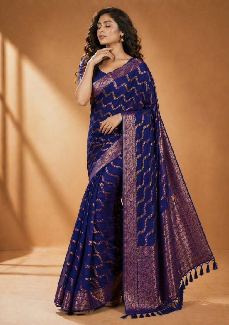 Blue Zari Work Chiffon Saree Set - Indya