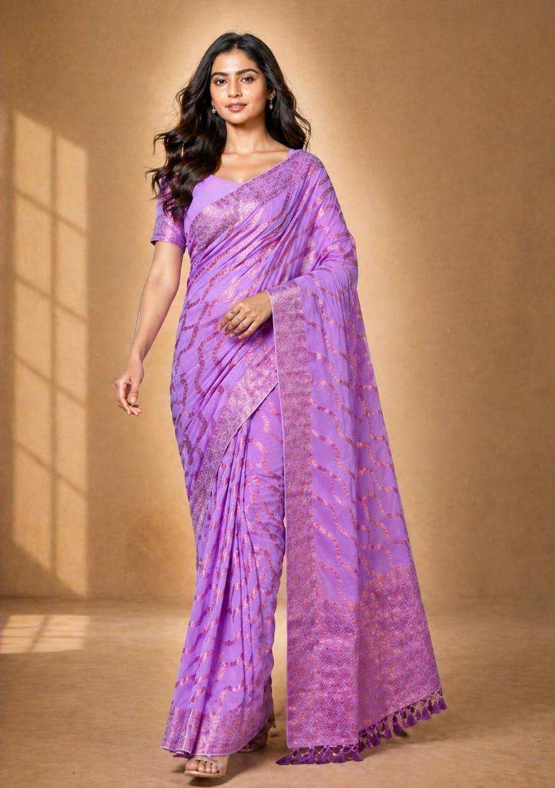 Pink Zari Work Chiffon Saree Set for Diwali and Festive Wear - Indya