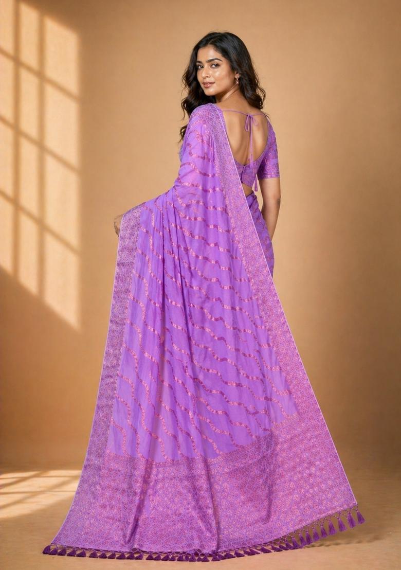 Pink Zari Work Chiffon Saree Set - Indya