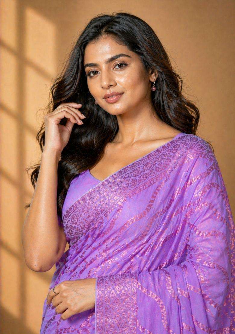 Pink Zari Work Chiffon Saree Set for Diwali and Festive Wear - Indya
