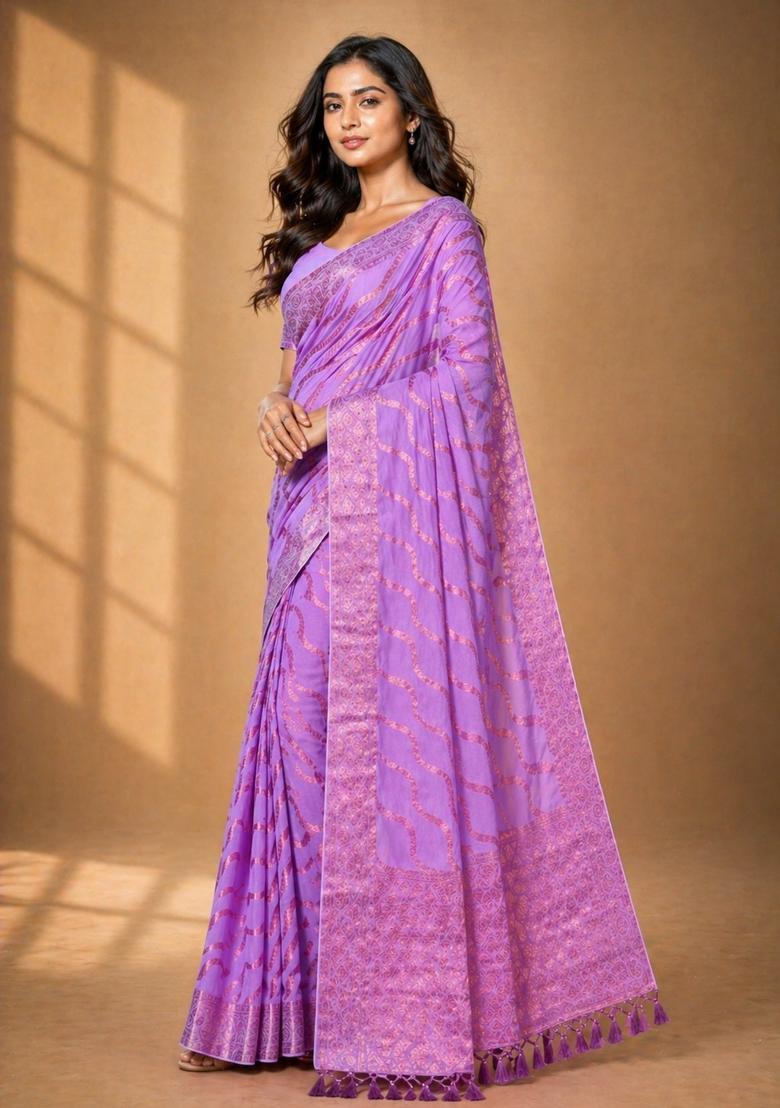 Pink Zari Work Chiffon Saree Set - Indya