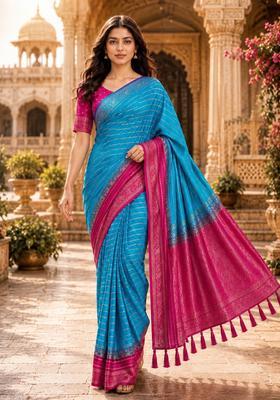 Blue Zari Work Crepe Saree Set