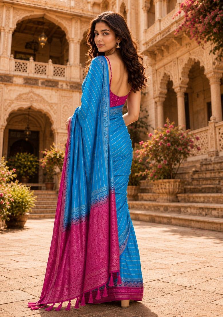 Blue Zari Work Crepe Saree Set - Indya