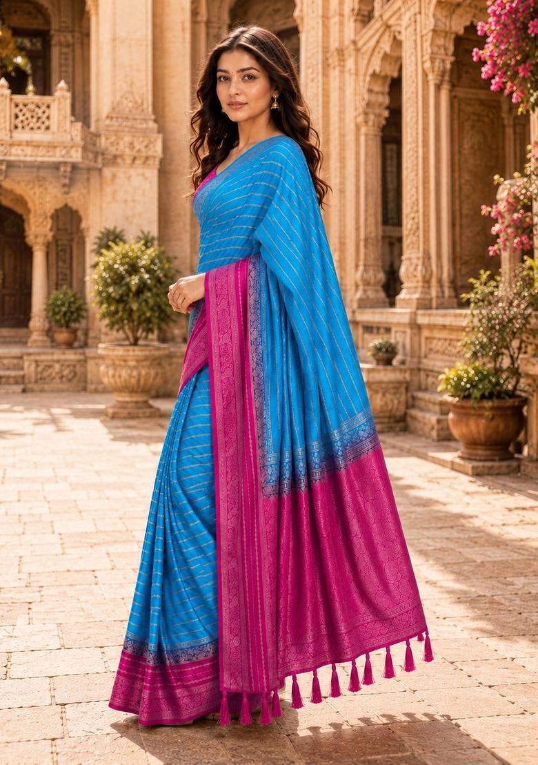 Blue Zari Work Crepe Saree Set - Indya