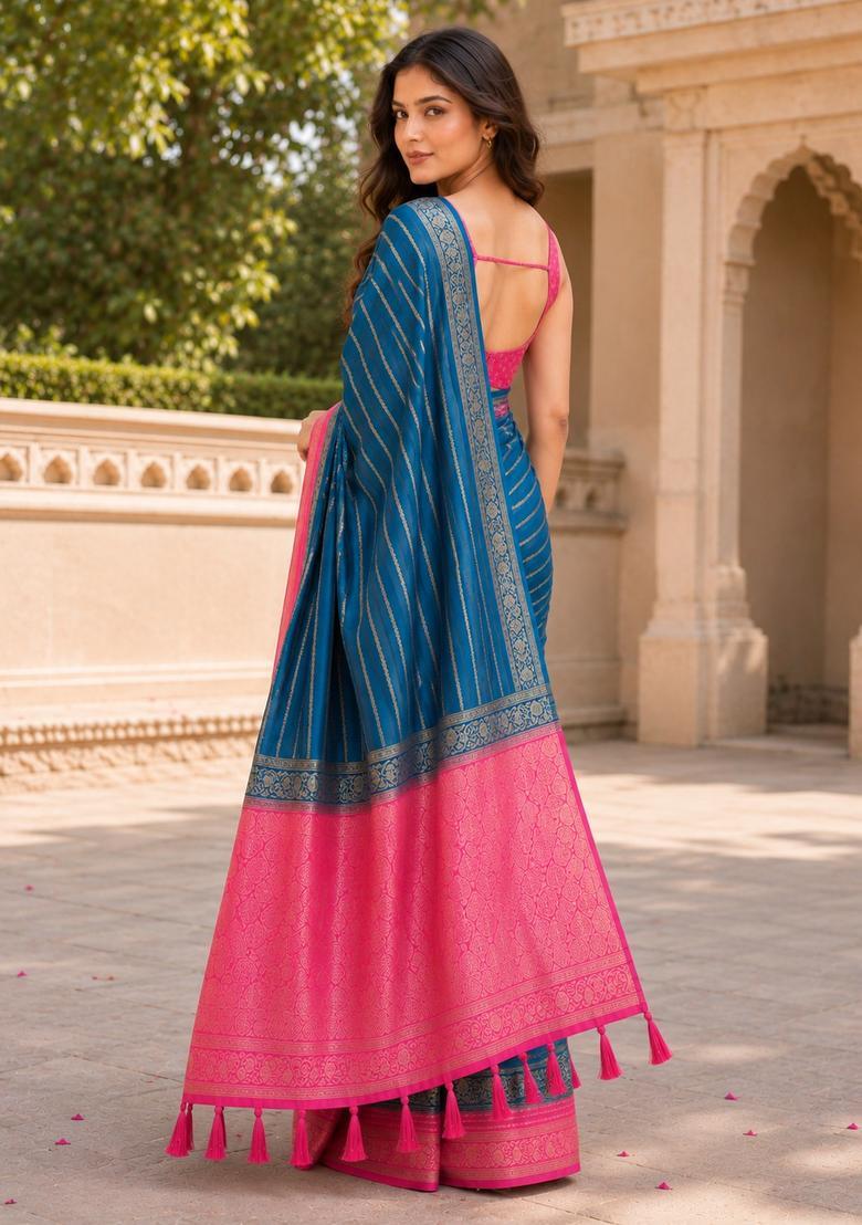Teal Zari Work Crepe Saree Set - Indya