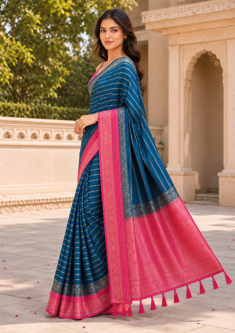 Teal Zari Work Crepe Saree Set - Indya
