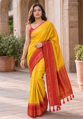 Yellow Zari Work Crepe Saree Set