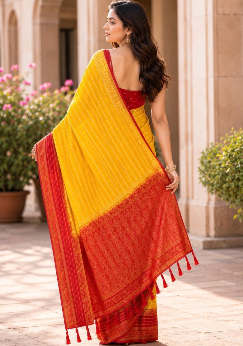 Yellow Zari Work Crepe Saree Set - Indya
