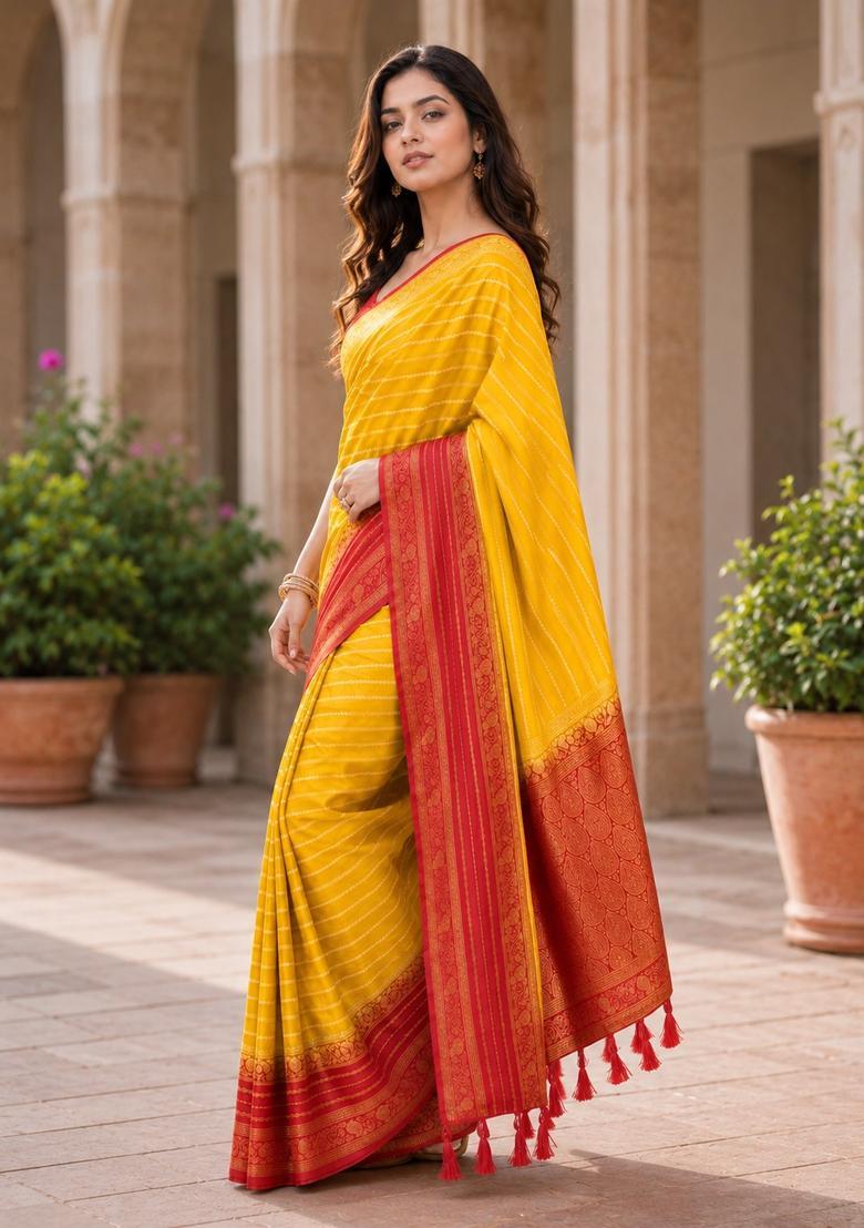 Yellow Zari Work Crepe Saree Set - Indya