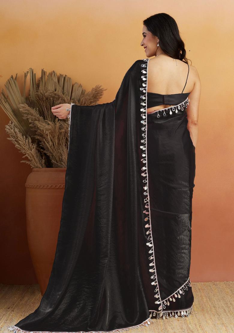 Black Printed Organza Saree Set - Indya