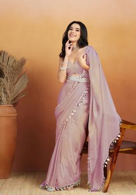 Purple Printed Organza Saree Set