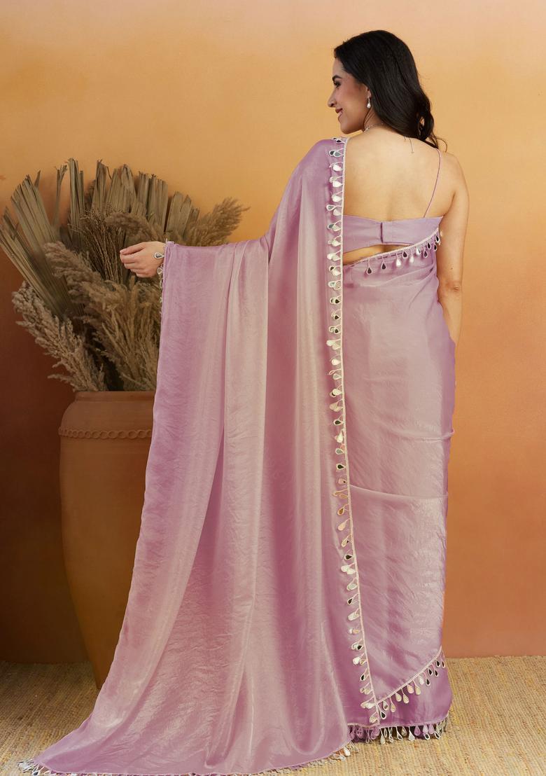 Purple Printed Organza Saree Set - Indya