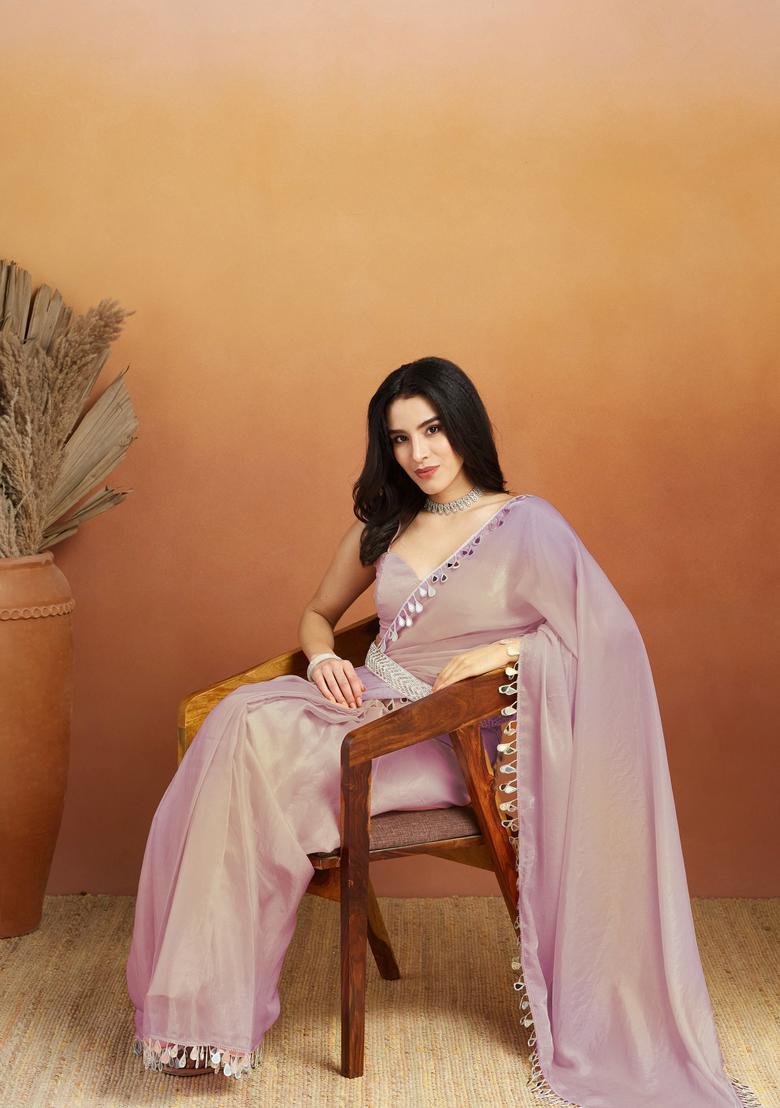 Purple Printed Organza Saree Set - Indya
