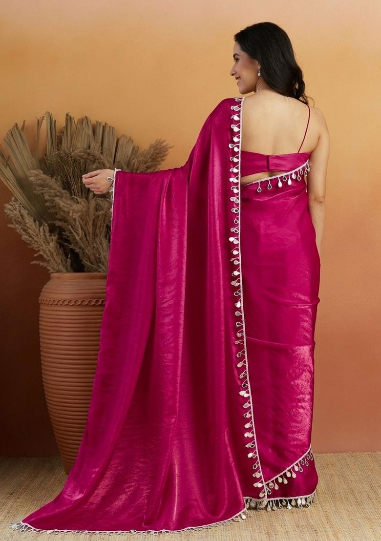 Magenta Printed Organza Saree Set - Indya