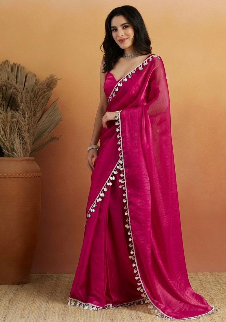 Magenta Printed Organza Saree Set - Indya