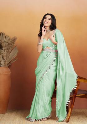 Sea Green Printed Organza Saree Set