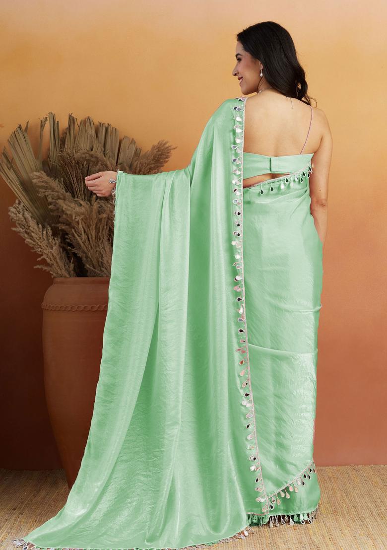 Sea Green Printed Organza Saree Set - Indya