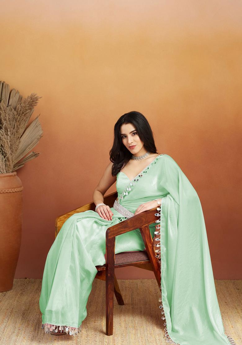 Sea Green Printed Organza Saree Set - Indya