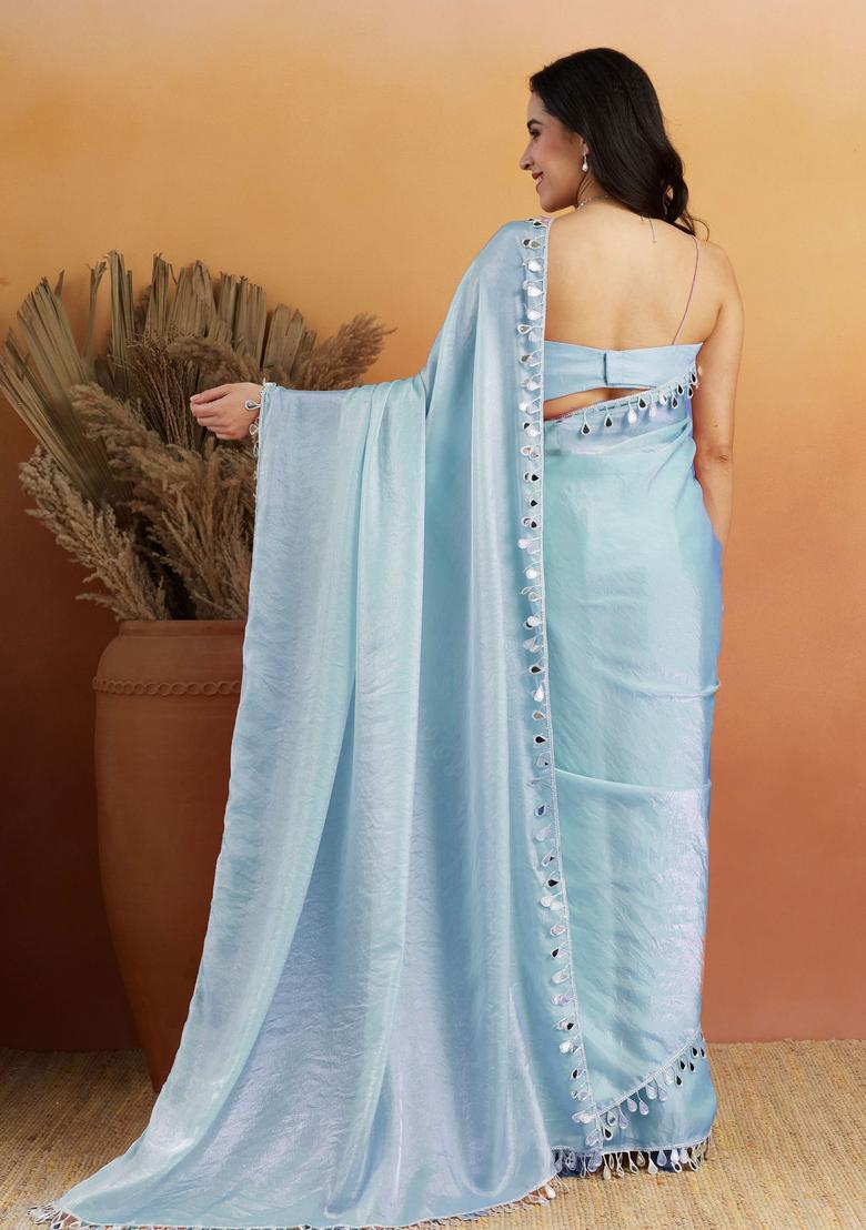 Sky Blue Printed Organza Saree Set - Indya