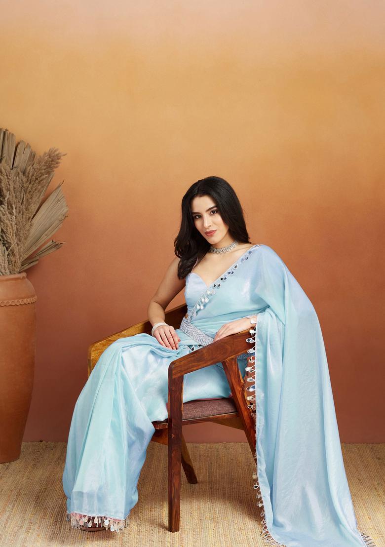 Sky Blue Printed Organza Saree Set - Indya
