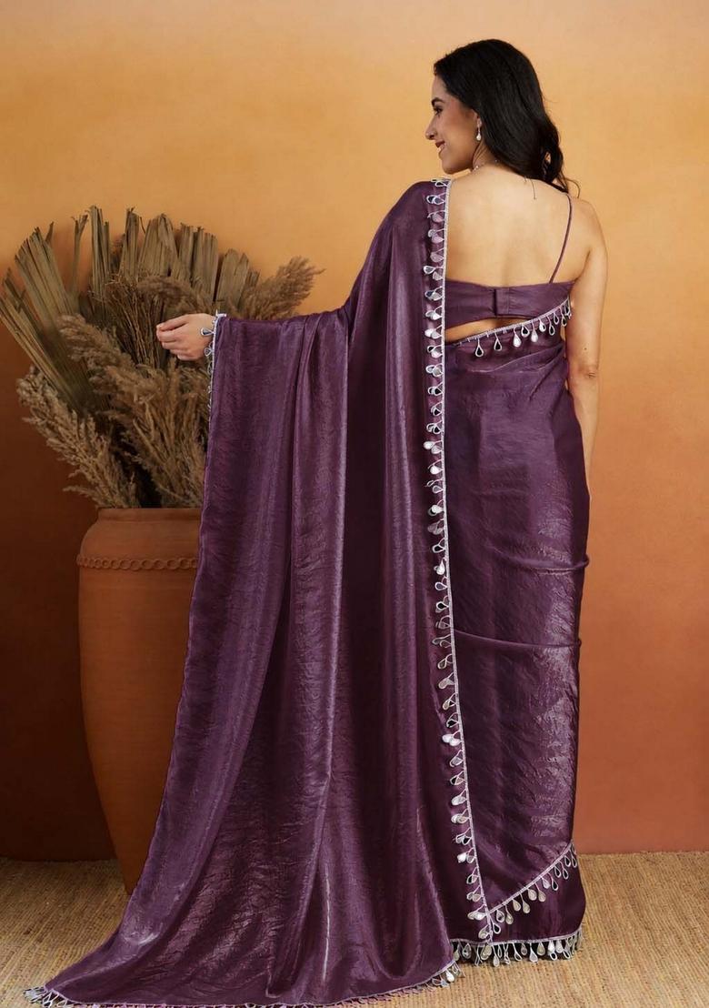 Violet Printed Organza Saree Set - Indya