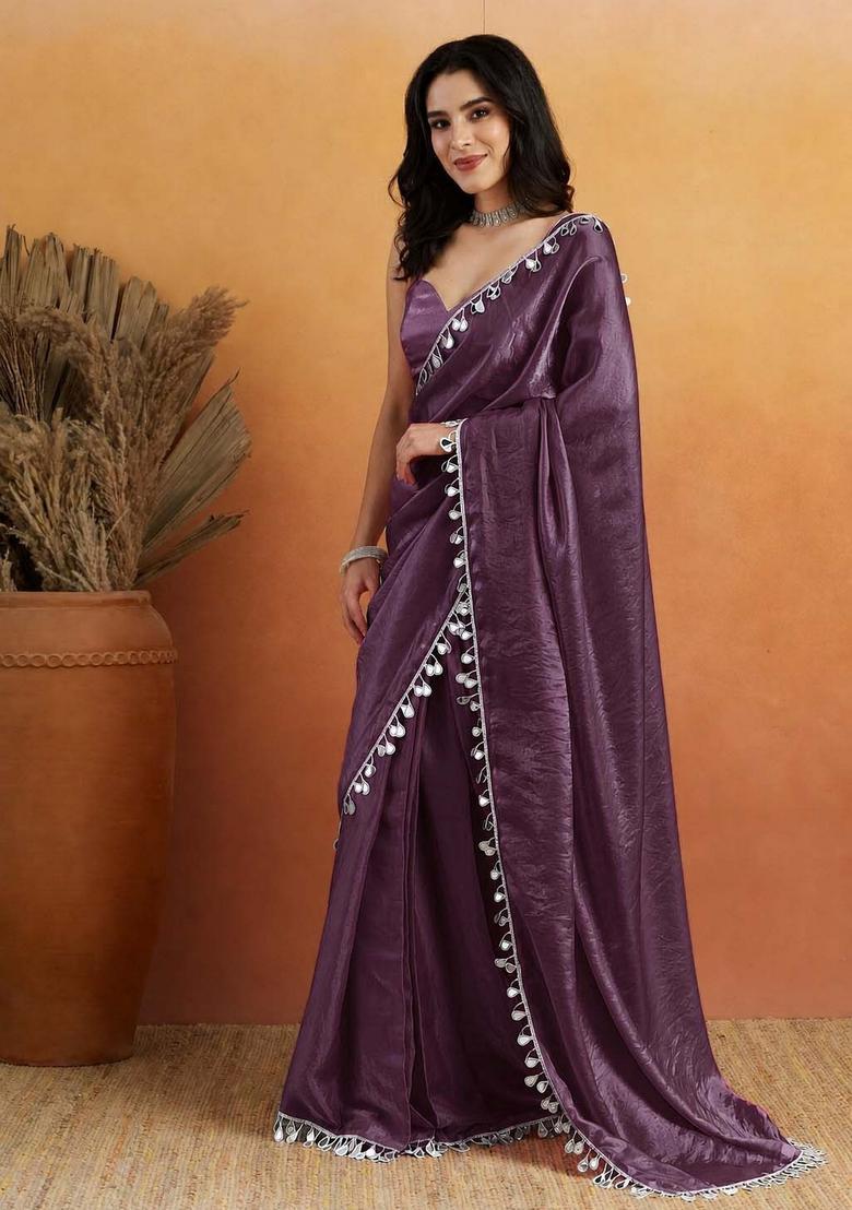 Violet Printed Organza Saree Set - Indya