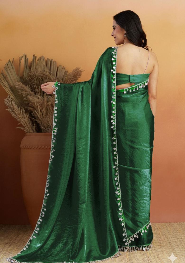 Green Printed Organza Saree Set - Indya