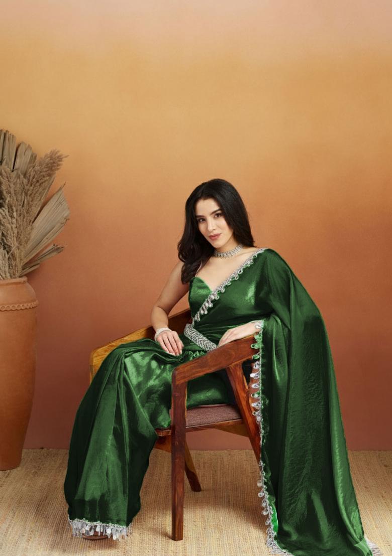 Green Printed Organza Saree Set - Indya