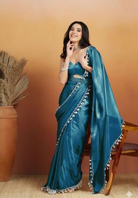 Teal Printed Organza Saree Set
