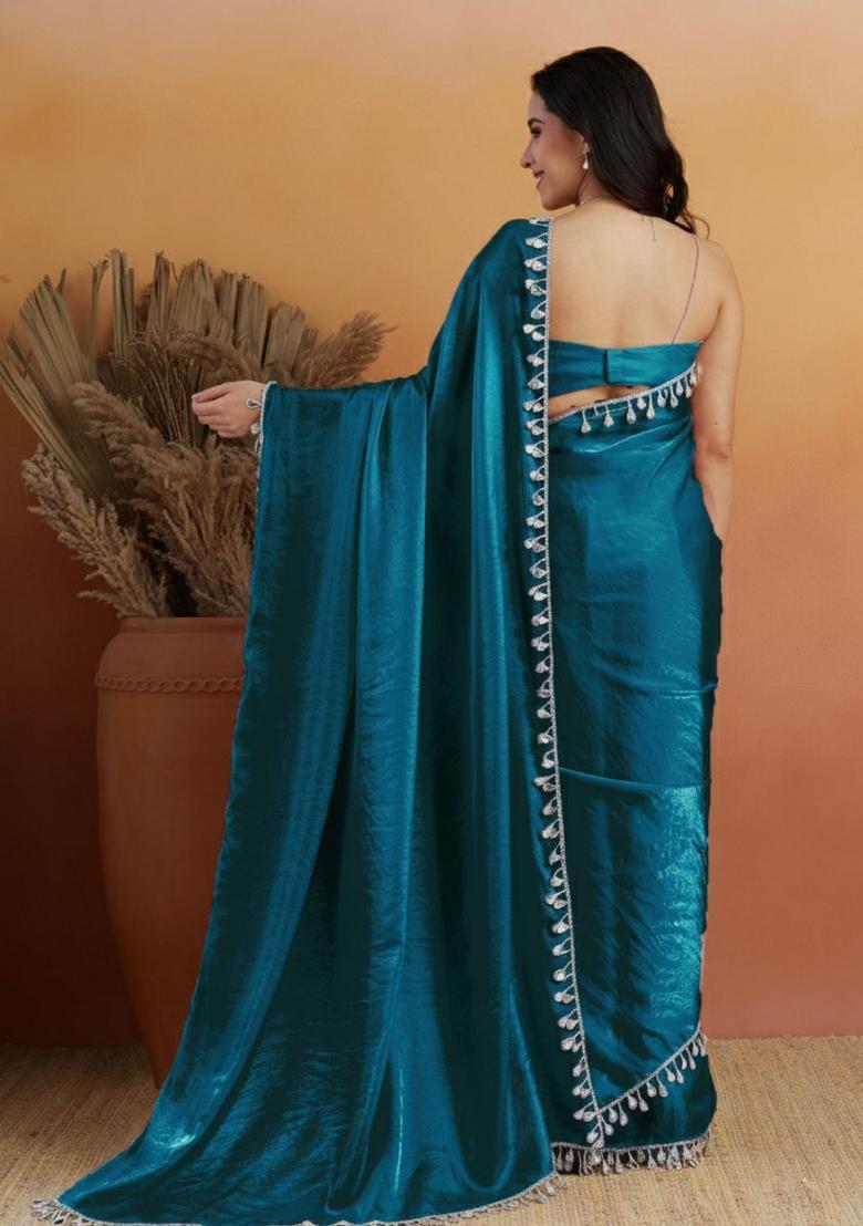 Teal Printed Organza Saree Set - Indya