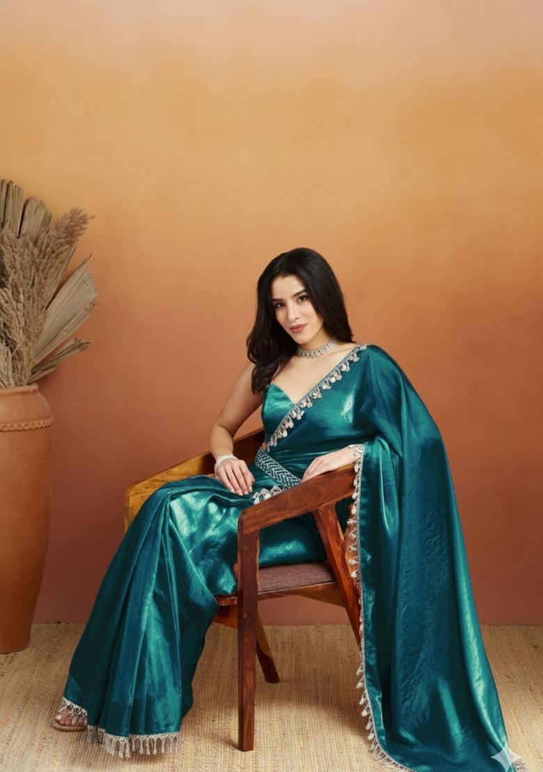 Teal Printed Organza Saree Set - Indya