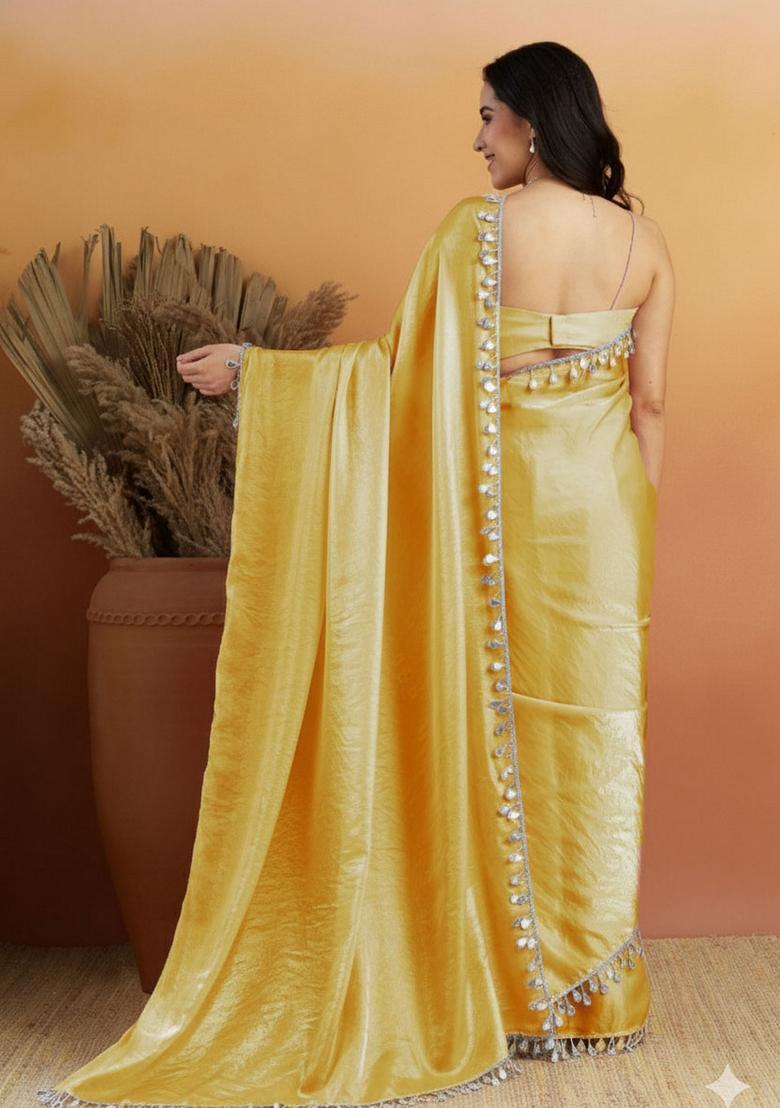 Yellow Printed Organza Saree Set - Indya