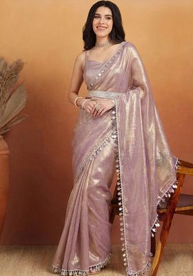 Purple Printed Organza Saree Set