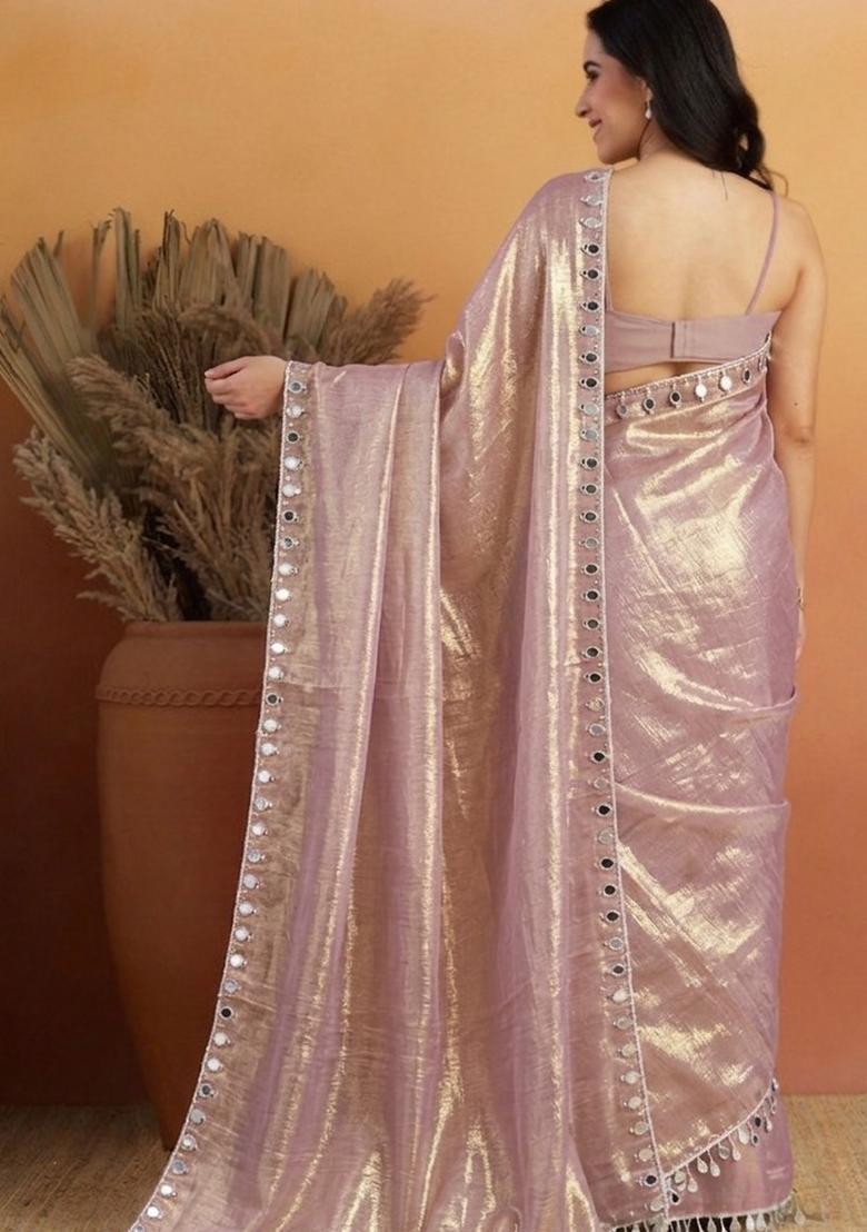 Purple Printed Organza Saree Set - Indya