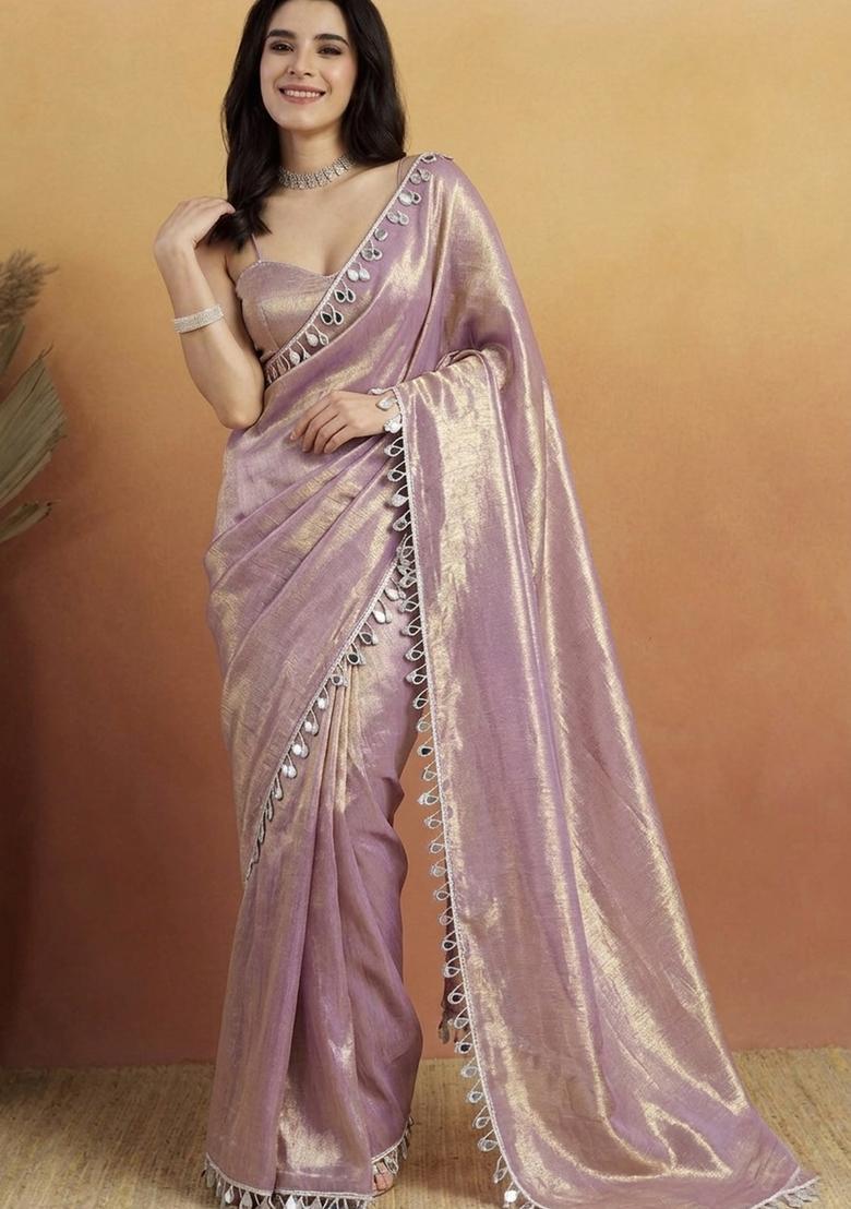 Purple Printed Organza Saree Set - Indya