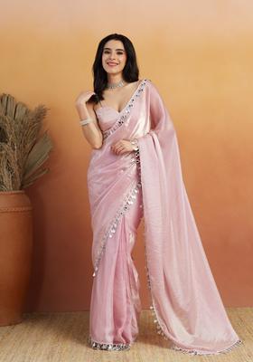 Light Pink Printed Organza Saree Set
