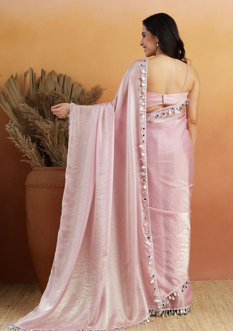 Light Pink Printed Organza Saree Set - Indya